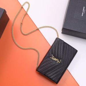 Saint Laurent Large Monogram Chain Wallet In Grained Matelasse Leather Black/Gold