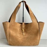 Saint Laurent Bea Tote In Suede Camel/Gold