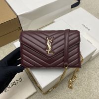 Saint Laurent Cassandre Envelope Chain Wallet In Quilted Lambskin Burgundy/Gold