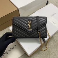 Saint Laurent Cassandre Envelope Chain Wallet In Quilted Lambskin Dark Grey/Gold