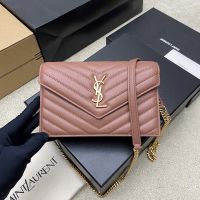 Saint Laurent Cassandre Envelope Chain Wallet In Quilted Lambskin Iced Plum Pink/Gold