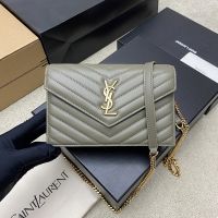 Saint Laurent Cassandre Envelope Chain Wallet In Quilted Lambskin Moss Green/Gold