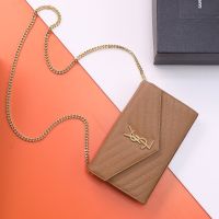 Saint Laurent Classic Cassandre Chain Wallet In Grain De Poudre Leather Brown/Gold