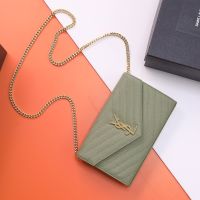 Saint Laurent Classic Cassandre Chain Wallet In Grain De Poudre Leather Green/Gold