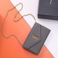 Saint Laurent Classic Cassandre Chain Wallet In Grain De Poudre Leather Grey/Gold