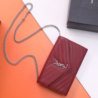Saint Laurent Classic Cassandre Chain Wallet In Grain De Poudre Leather Red/Silver