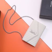 Saint Laurent Classic Cassandre Chain Wallet In Grain De Poudre Leather White/Silver