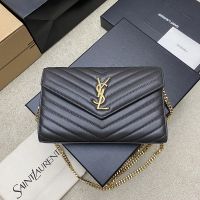 Saint Laurent Classic Cassandre Chain Wallet In Quilted Lambskin Dark Grey/Gold