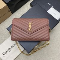 Saint Laurent Classic Cassandre Chain Wallet In Quilted Lambskin Iced Plum Pink/Gold