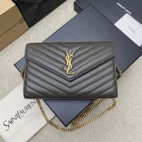 Saint Laurent Classic Cassandre Chain Wallet In Quilted Lambskin Marble/Gold