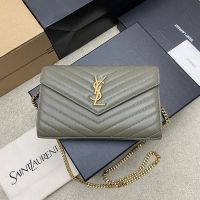 Saint Laurent Classic Cassandre Chain Wallet In Quilted Lambskin Moss Green/Gold