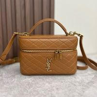 Saint Laurent Gaby Vanity Bag In Diamond-Quilted Lambskin Brown/Gold