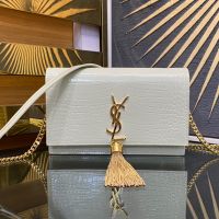 Saint Laurent Kate Tassel Chain Wallet In Crocodile Embossed Leather White/Gold