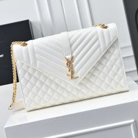 Saint Laurent Large Envelope Flap Bag In Quilted Grain De Poudre Embossed Leather White/Gold