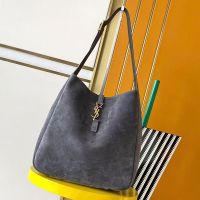 Saint Laurent Large Le 5 A 7 Supple Bag In Suede Grey/Gold