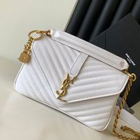 Saint Laurent Medium Classic College Chain Bag In Matelasse Leather White/Gold