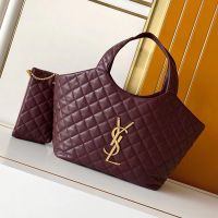 Saint Laurent Medium Icare Shopping Bag In Carre-Quilted Lambskin Burgundy/Gold