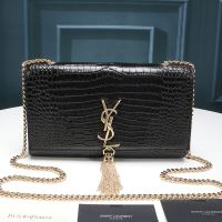 Saint Laurent Medium Kate Chain Bag with Tassel In Crocodile Embossed Shiny Leather Black/Gold