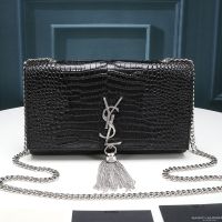 Saint Laurent Medium Kate Chain Bag with Tassel In Crocodile Embossed Shiny Leather Black/Silver