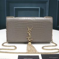 Saint Laurent Medium Kate Chain Bag with Tassel In Crocodile Embossed Shiny Leather Grey/Gold
