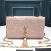 Saint Laurent Medium Kate Chain Bag with Tassel In Crocodile Embossed Shiny Leather Pink/Gold