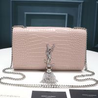 Saint Laurent Medium Kate Chain Bag with Tassel In Crocodile Embossed Shiny Leather Pink/Silver