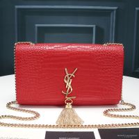 Saint Laurent Medium Kate Chain Bag with Tassel In Crocodile Embossed Shiny Leather Red/Gold
