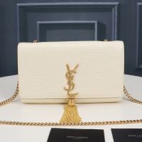 Saint Laurent Medium Kate Chain Bag with Tassel In Crocodile Embossed Shiny Leather White/Gold
