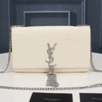 Saint Laurent Medium Kate Chain Bag with Tassel In Crocodile Embossed Shiny Leather White/Silver