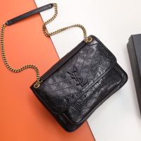 Saint Laurent Medium Niki Chain Bag In Crinkled And Quilted Leather Black/Gold