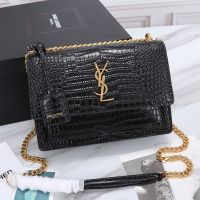 Saint Laurent Medium Sunset Chain Bag In Crocodile Embossed Leather Black/Gold