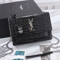 Saint Laurent Medium Sunset Chain Bag In Crocodile Embossed Leather Black/Silver