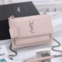 Saint Laurent Medium Sunset Chain Bag In Crocodile Embossed Leather Pink/Silver