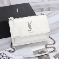 Saint Laurent Medium Sunset Flap Bag In Crocodile Embossed Leather White/Silver