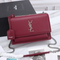 Saint Laurent Medium Sunset Chain Bag In Textured Leather Burgundy/Silver