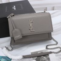 Saint Laurent Medium Sunset Chain Bag In Textured Leather Grey/Silver