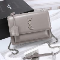 Saint Laurent Medium Sunset Chain Bag In Leather Grey/Silver