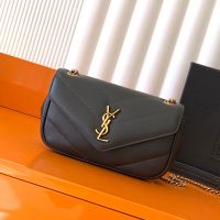 Saint Laurent Mini Loulou Chain Bag In Matelasse Lambskin Dark Grey/Gold