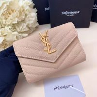 Saint Laurent Small Cassandre Envelope Wallet In Matelasse Grain De Poudre Leather Pink/Gold