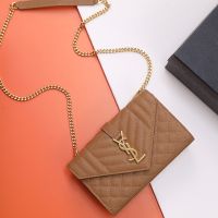 Saint Laurent Small Envelope Flap Bag In Quilted Grain De Poudre Embossed Leather Brown/Gold