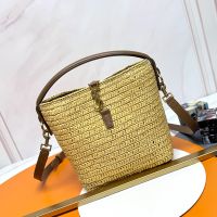 Saint Laurent Small Le 37 Bucket Bag In Raffia and Calfskin Beige/Gold