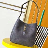 Saint Laurent Small Le 5 A 7 Supple Bag In Suede Grey/Gold