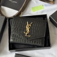 Saint Laurent Uptown Compact Wallet In Crocodile Embossed Leather Black/Gold