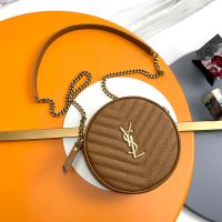 Saint Laurent Vinyle Round Camera Bag In Quilted Grain De Poudre Leather Brown/Gold