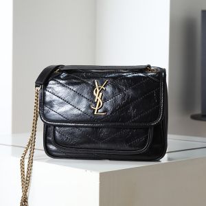 Saint Laurent Baby Niki Chain Bag In Crinkled And Quilted Leather Black/Gold