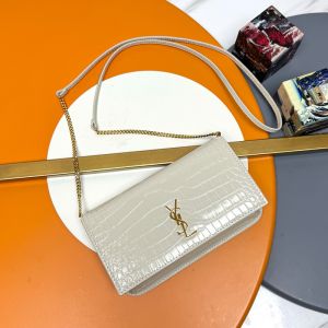 Saint Laurent Cassandre Phone Holder In Shiny Crocodile-Embossed Leather White/Gold