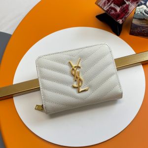Saint Laurent Cassandre Compact Zip Around Wallet In Matelasse Grain De Poudre Leather White/Gold