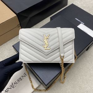 Saint Laurent Cassandre Envelope Chain Wallet In Quilted Lambskin White/Gold