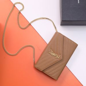 Saint Laurent Classic Cassandre Chain Wallet In Grain De Poudre Leather Brown/Gold