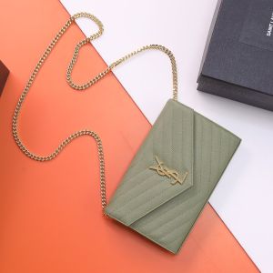 Saint Laurent Classic Cassandre Chain Wallet In Grain De Poudre Leather Green/Gold
